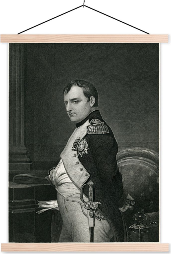 MuchoWow Textilposter Schwarz-weiß Illustration von Napoleon Bonaparte stehend 60x80 cm mit holzfarbenen Rahmen - Wandbild