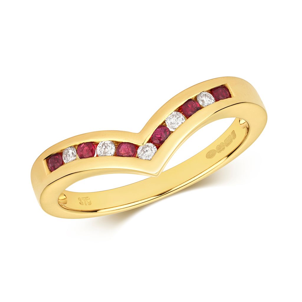 Funkelndes Feuer Schöner 9 Karat (375) Gold Diamant Wünschelrute Ring Brillant-Schliff 0.10 Karat H - PK mit Rubin, 54 (17.2); TRS291039KYRSN