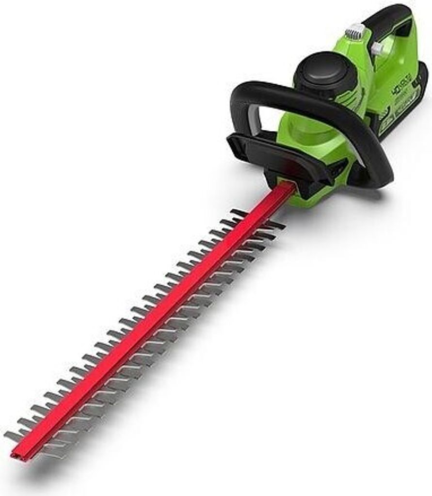 A cordless hedge trimmer on a white background.