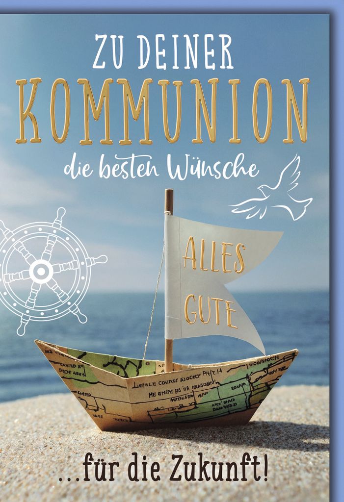 Kommunion Glückwunschkarte mit Umschlag Segelboot aus Papier Die besten Wünsche alles Gute für die Zukunft
