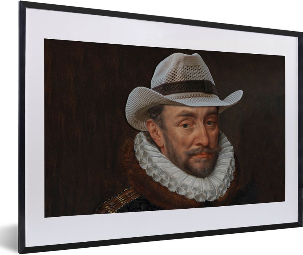MuchoWow Gerahmtes Poster Wilhelm von Oranien - Adriaen Thomasz - Cowboyhut 60x40 cm - Poster mit Schwarzem Bilderrahmen Wandposter Rahmen Foto B...