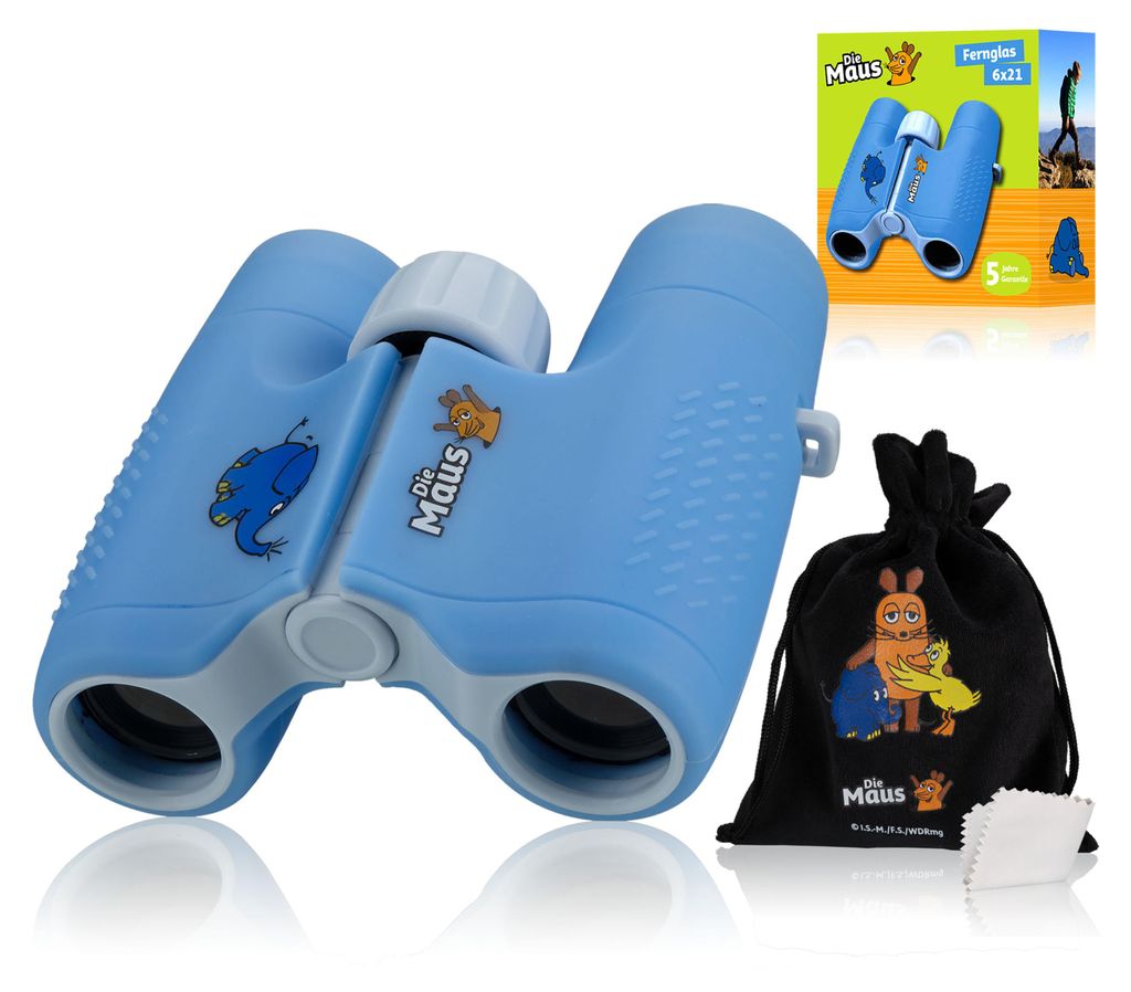 A pair of blue children's binoculars with cartoon characters on them, along with a black drawstring bag and a cleaning cloth, all set against a white background. A small box with product information is also visible in the upper right corner.
