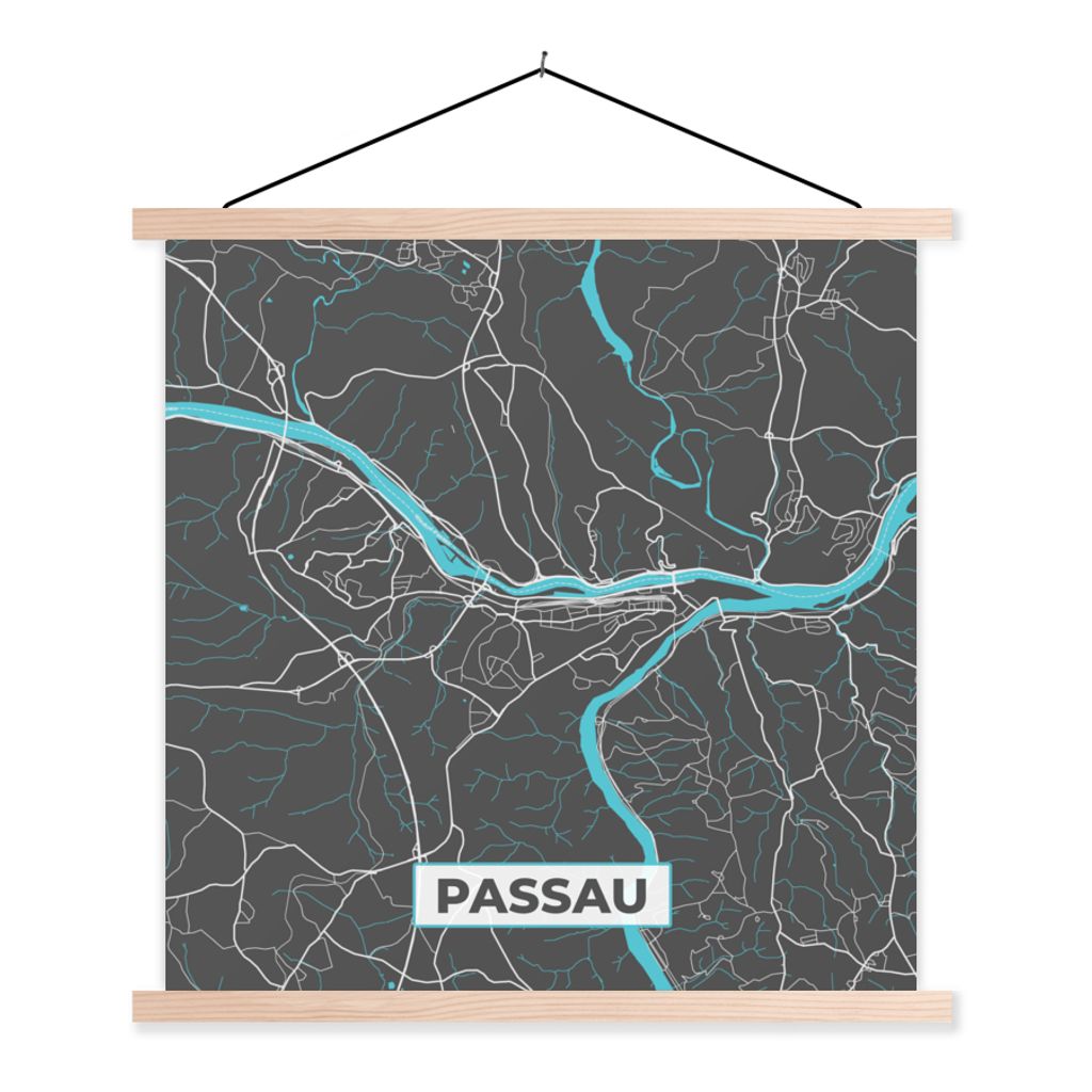 MuchoWow Textilposter Karte - Stadtplan - Passau - Deutschland - Blau 120x120 cm mit holzfarbenen Rahmen - Textil-Poster