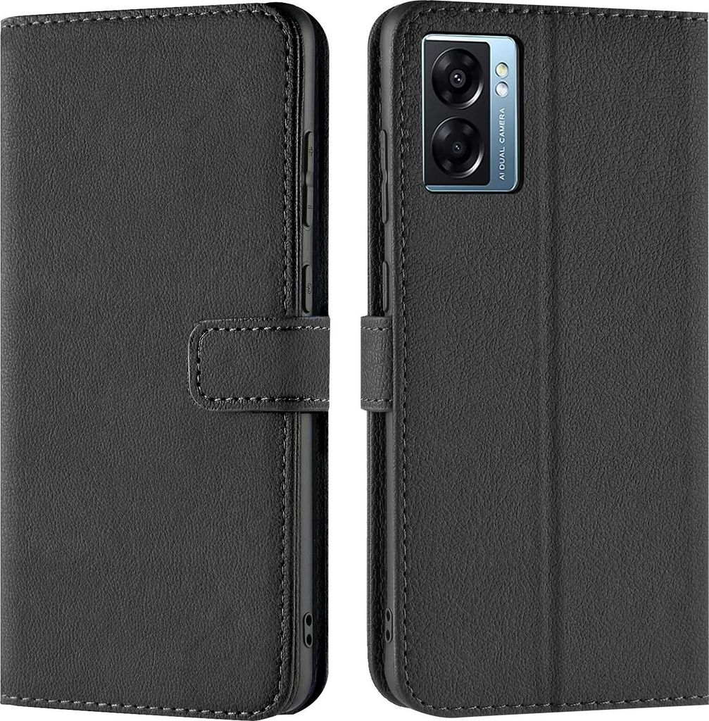 A black flip case for a smartphone is shown from the front and back.