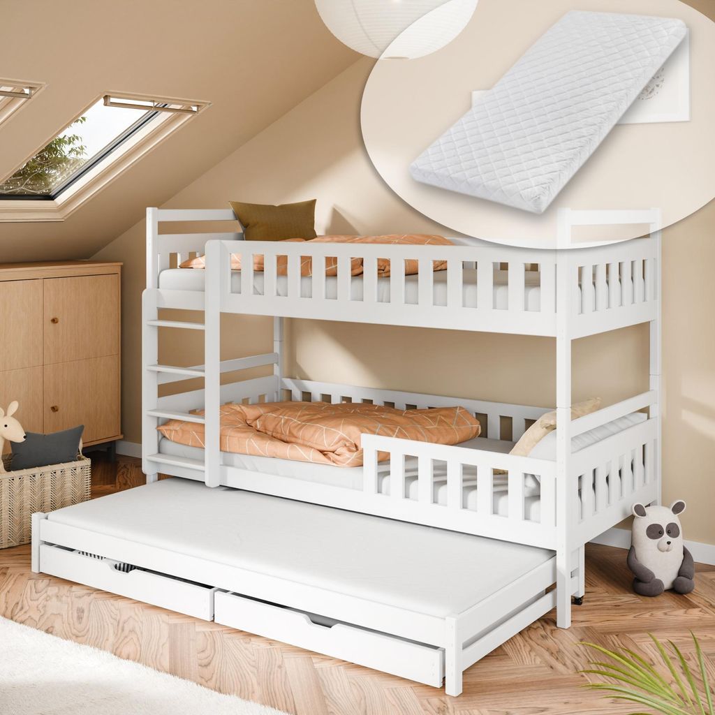 Kids Collective Etagenbett Hochbett Stockbett Kinderbett 90x200 cm mit Ausziehbett und Schubladen Umbaubar zu 3 Einzelbetten mit Matratze Lattenros...
