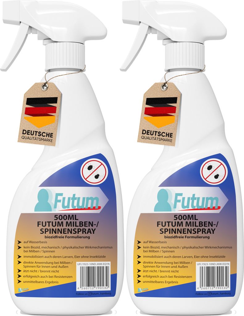 FUTUM 2x500ml Milbenspray / Spinnenspray | Biozidfrei gegen Milben & Spinnen | Wasserbasis | schnell & Direktwirkung | fleckenfrei