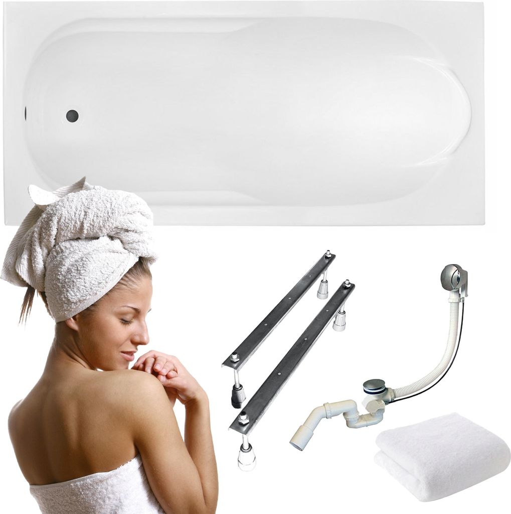 Aqua For You | Badewanne - Acryl Rechteckbadewanne 179 x 80 cm, Typ W Gestell, Antibakterielle Beschichtung, mit Siphon