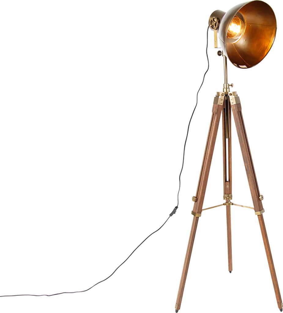 QAZQA - Industrie I Vintage I Industrie I Vintage I Dreibein-Stehlampe Bronze mit Holz - Mangos I Wohnzimmer I Schlafzimmer - Länglich - LED geeig...