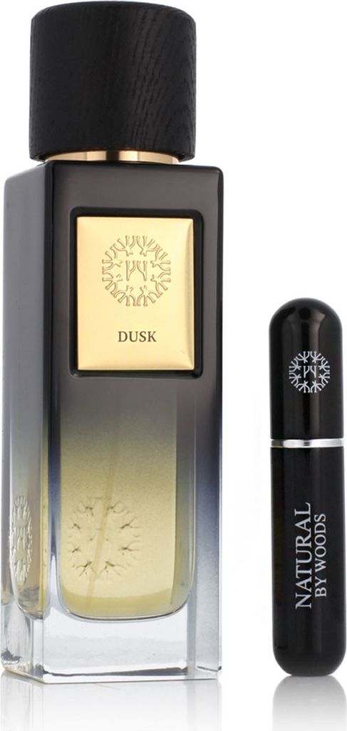 A perfume bottle and a smaller travel-sized spray bottle are displayed against a white background.