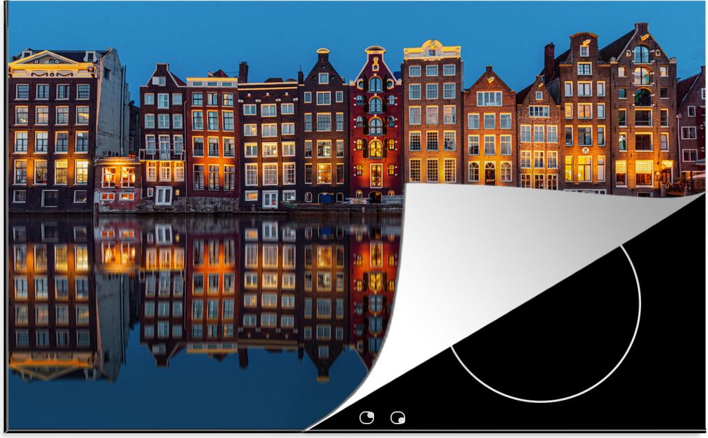 KitchenYeah Herdabdeckplatte Amsterdam - Haus - Reflexion , 81x52cm, Küche Deko, Glaskeramikfeld Herdabdeckung, Abdeckplatte fùr Kochfeld