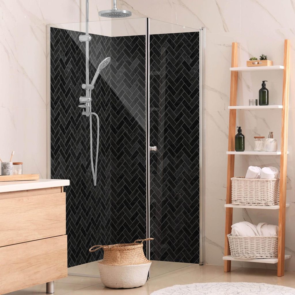 Duschrückwand mit Motiv selbstklebend - 0.61 mm Wandpaneel wasserfest Design schwarz Fliesenoptik Badrückwand fugenlos Premium matt 110x210 cm
