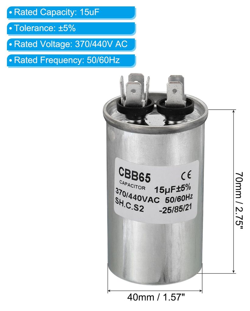 CBB65 Kondensator, 15ŠÌF 370V 440V Anlaufkondensator Motorkondensator Aluminiumgeh?use Arbeitskondensator mit 2 Stifte fš¹r Klimager?t Waschmas...