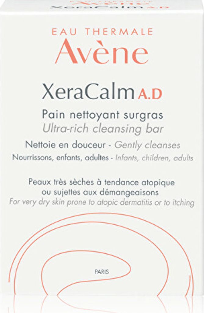 A product shot of an Avène XeraCalm A.D. cleansing bar packaging.