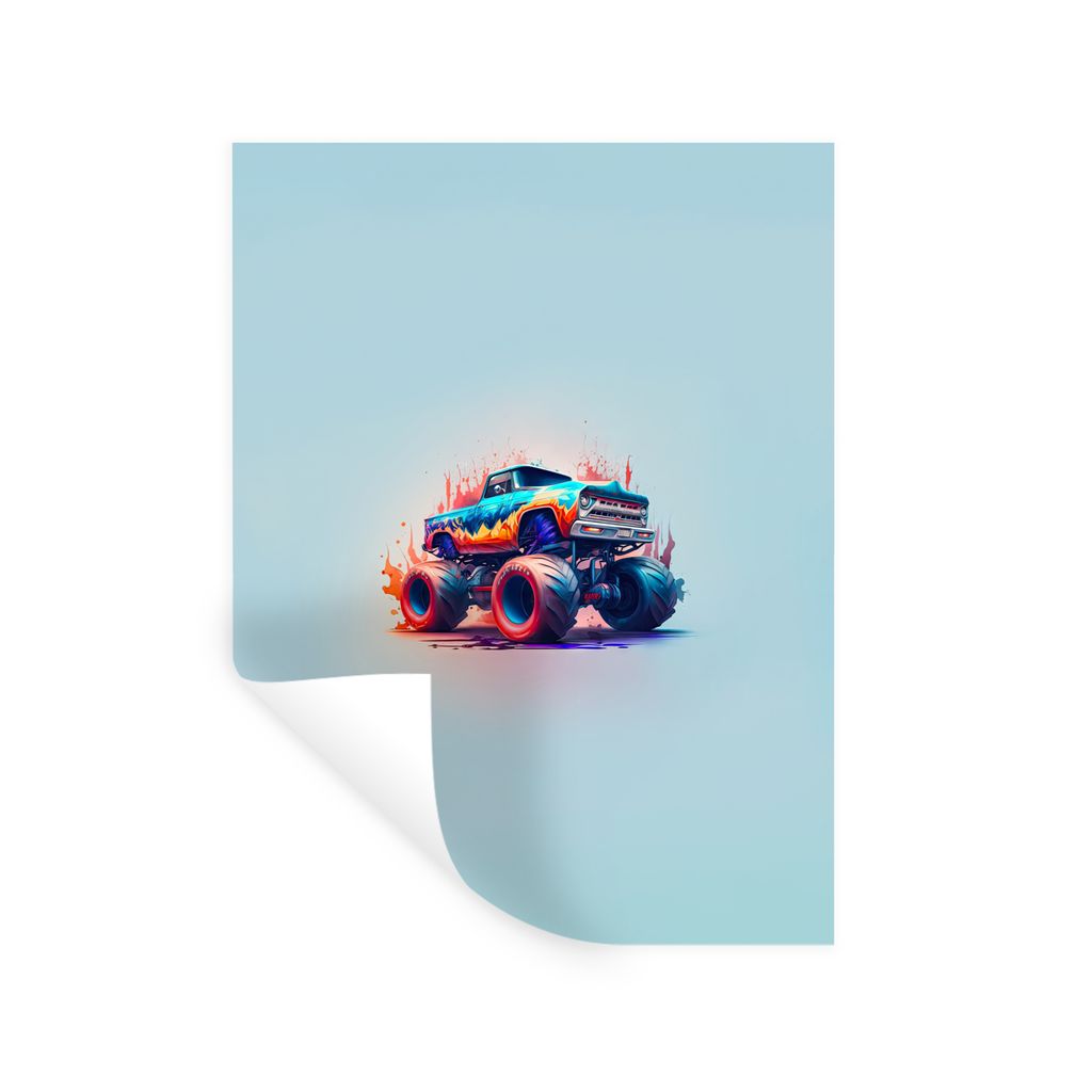 MuchoWow Wandtattoo Wandsticker Wandaufkleber Monstertruck - Flammen - Blau - Farbe - Design 120x160 cm Selbstklebend und Repositionierbar - Wier...