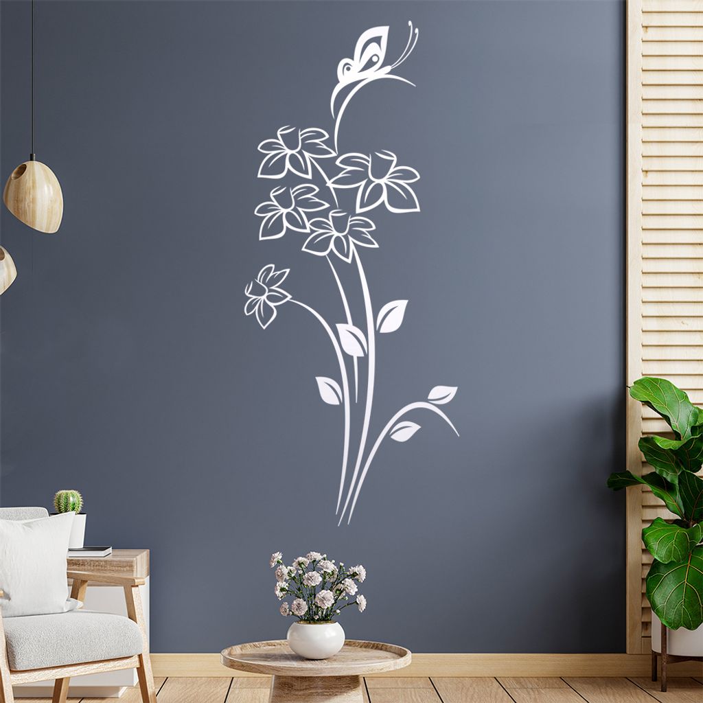 Schmetterling auf Blüten Wandtattoo in 6 Größen - Wandaufkleber Wall Sticker - Dekoration, Küche, Wohnzimmer, Schlafzimmer, Badezimmer
