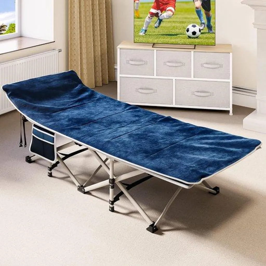 Lit de camp pliable adulte bleu avec sac de couchage et tubes en acier