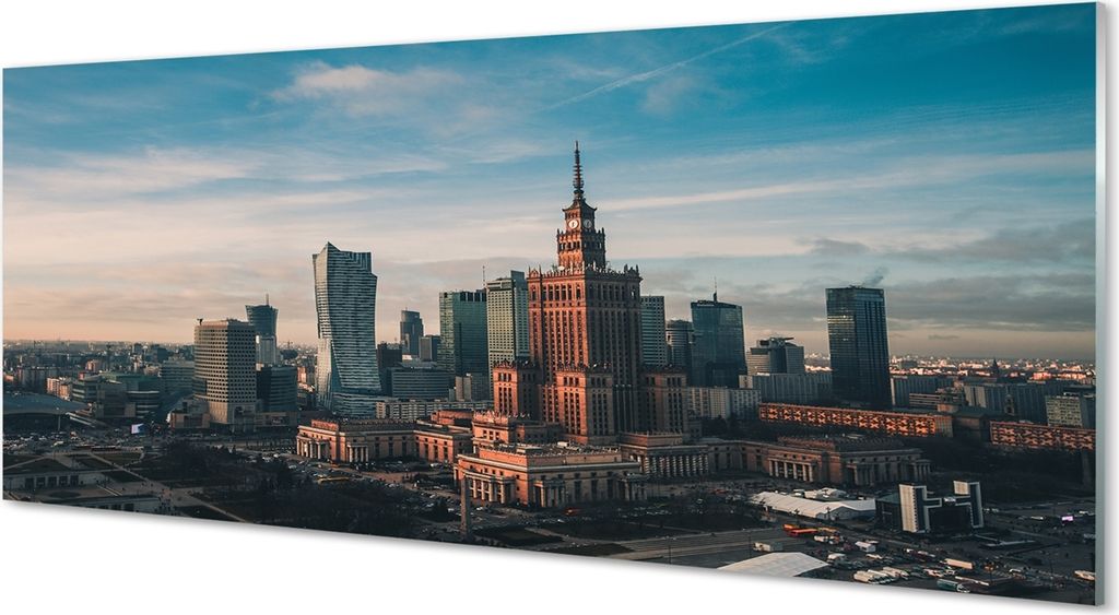 Glasbilder 125x50 Wandkunst Warschau Panorama von Wolkenkratzern Sonnenaufgang