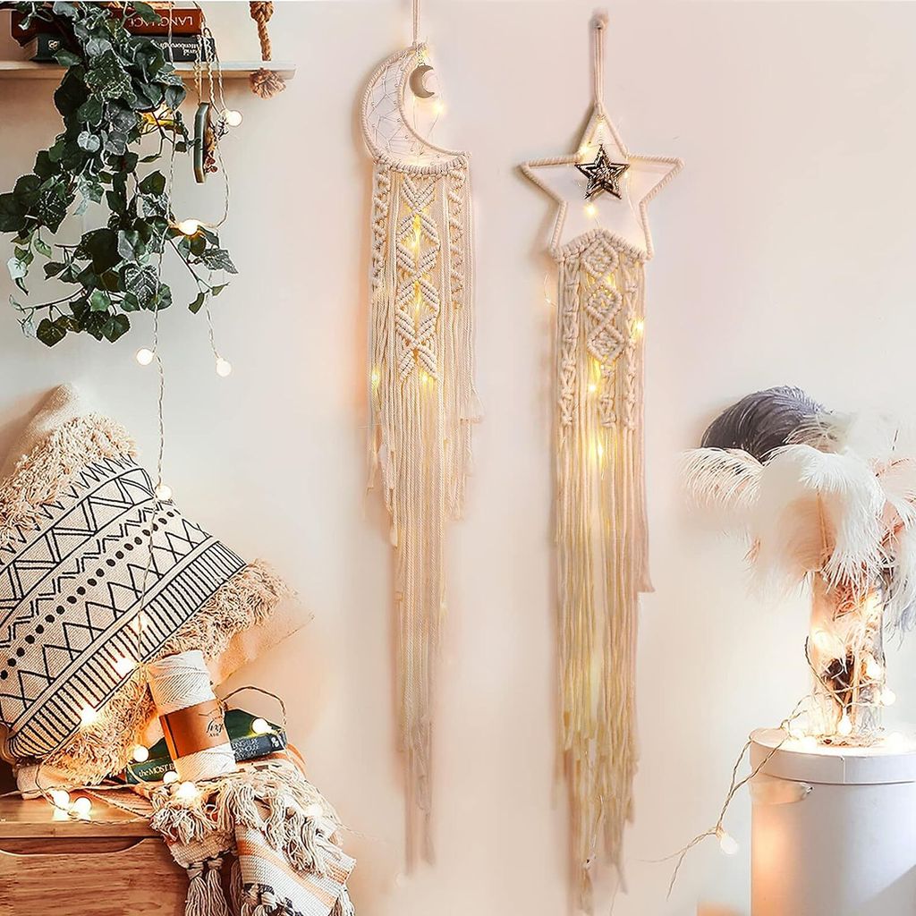 2x acchiappasogni in macramè con LED, decorazione appesa, Immagine del prodotto 