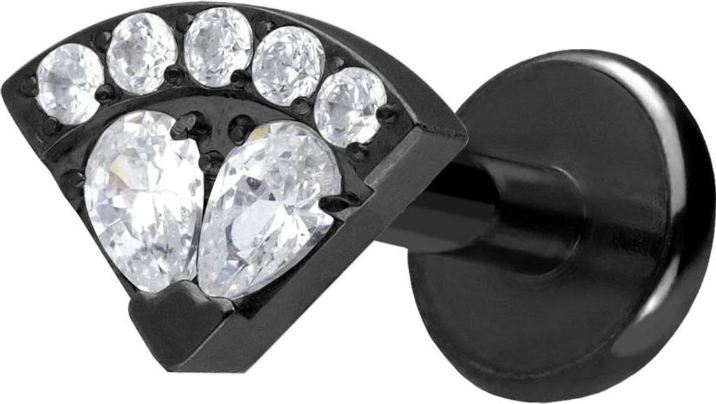 Ohrpiercing, Nasenpiercing Titan Labret mit Push Fit KRISTALLFÄCHER Schwarz Stablänge: 6mm | Stabstärke: 1,2mm