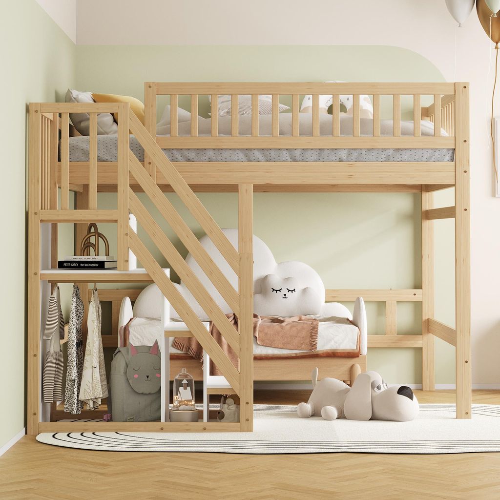 MODFU Kinderbett 140x200 mit Matratze,Hochbett mit Treppe & Aufbewahrungsschrank,Holzbett mit Sicherheitszaun,weiß +Holzfarbe