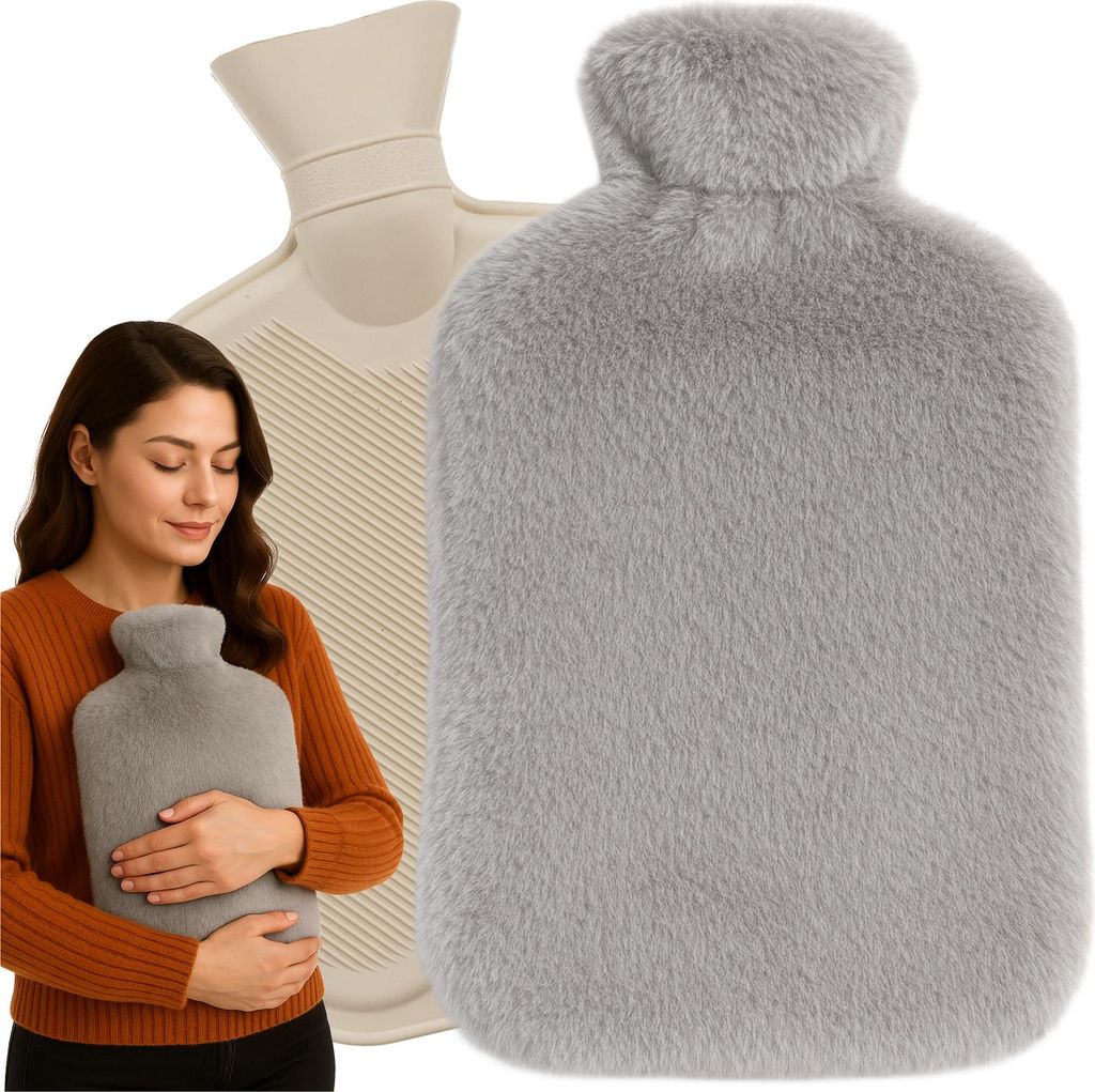A woman is holding a grey plush hot water bottle, with a beige rubber hot water bottle and a grey plush hot water bottle visible in the background.