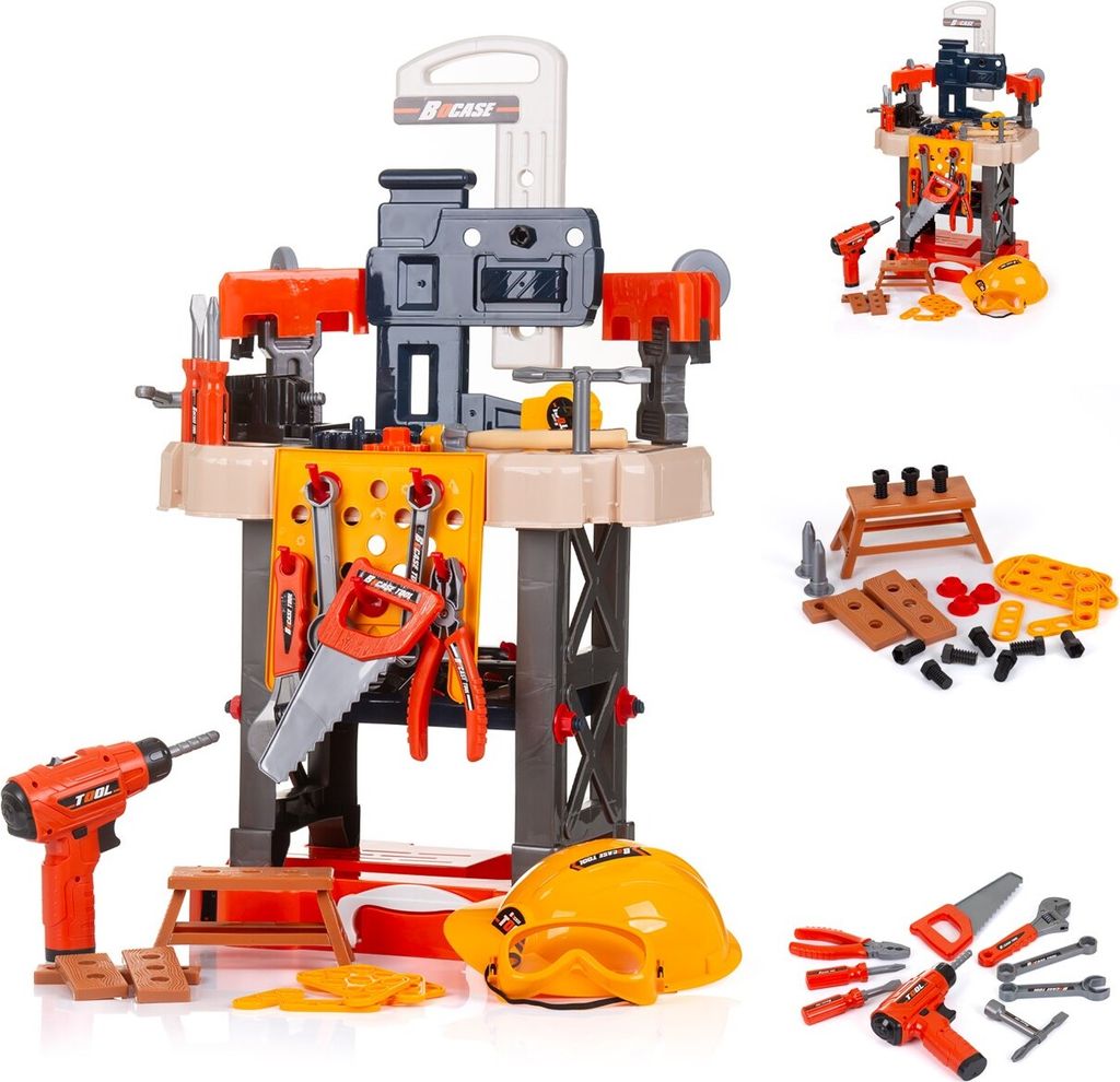Chipolino Kinderwerkbank, 78-teiliges Spielzeugwerkzeugset, Helm, Bohrer, Säge schwarz