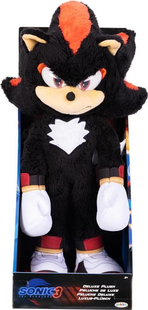 A plush toy of the character Shadow the Hedgehog from Sonic the Hedgehog 3, presented in its retail packaging.