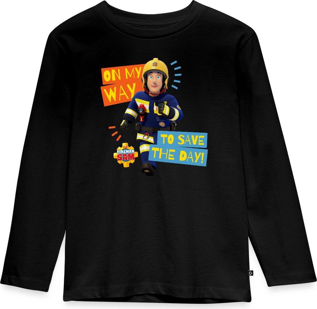 Spreadshirt Feuerwehrmann Sam On My Way To Save The Day Kinder Premium Langarmshirt, 122/128 (6 Jahre), Schwarz