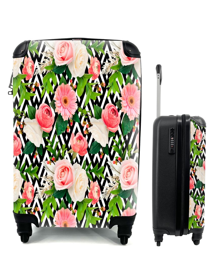 MuchoWow Koffer Handgepäck Trolley Rollkoffer Kleine Reisekoffer mit 4 Rollen - Blumen - Rosen - Rosa - Cabin Size < 55x40x23 cm & 55x40x20 cm -...