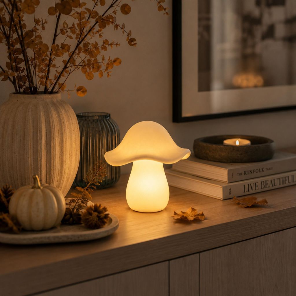 LED Porzellan Steinpilz Weiß klein Herbstdeko Dekofigur Produktbild 