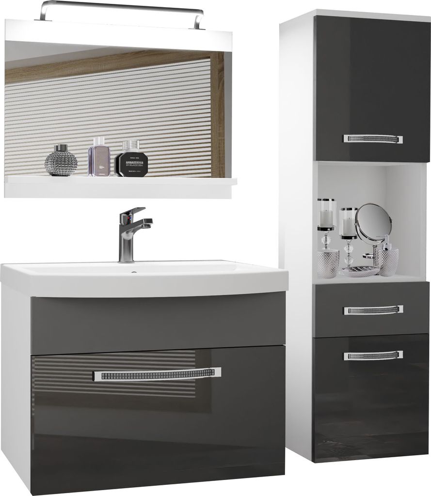 BELINI Badmöbel Vollausstattung Set Waschbeckenschrank, Hochschrank, Waschbecken, Spiegel, Lampe (Grau / Grau, Glänzend und Matt)