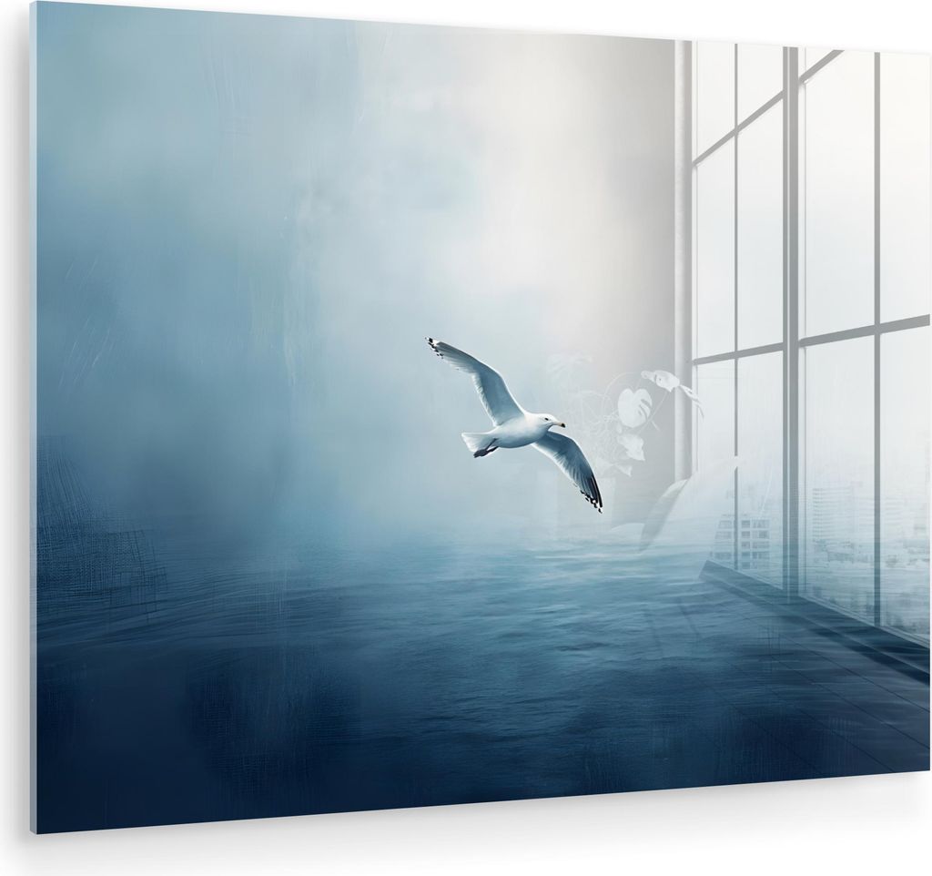 MuchoWow Glasbilder - Bilder auf Wandbild - Foto auf Glas Möwe - Weiß - Meer - Neblig 80x60 cm Wanddekoration aus Glas - Acrylglasbild - Acrylbil...