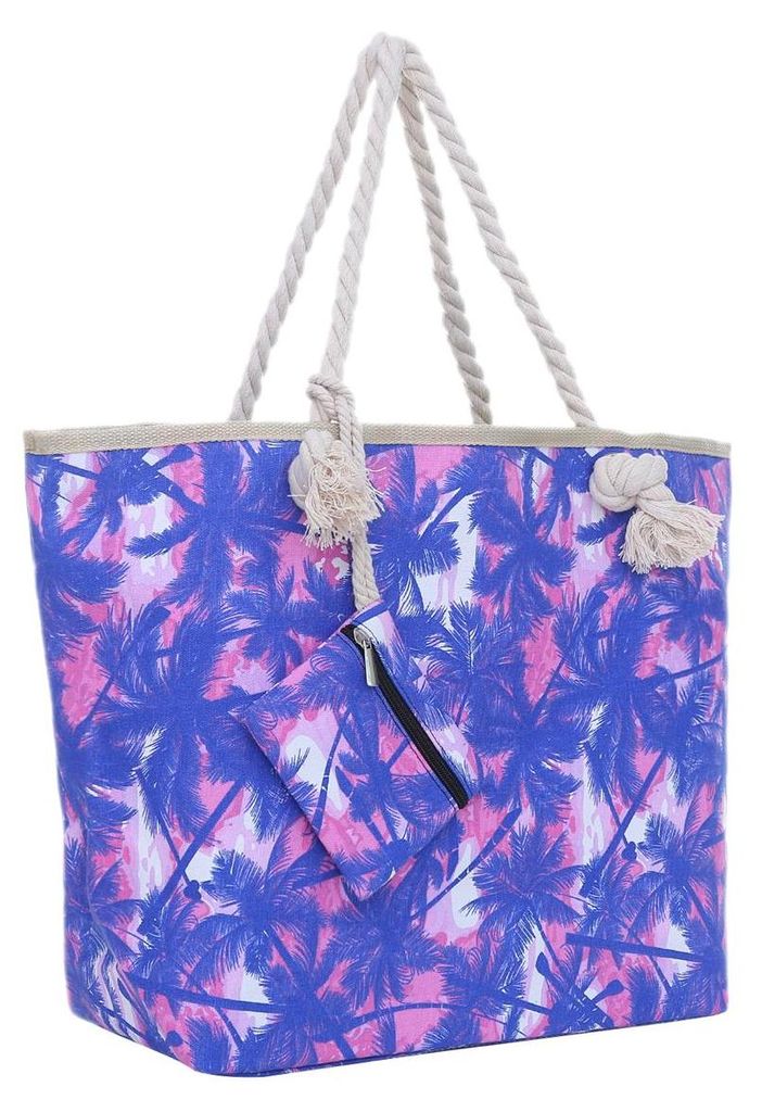Große Strandtasche Shopper mit Reißverschluss - Palmen rosa-blau