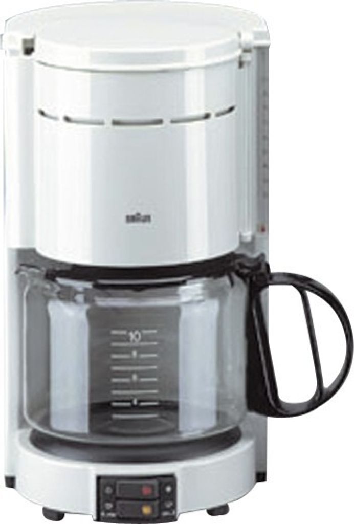 A white Braun coffee maker with a glass carafe.
