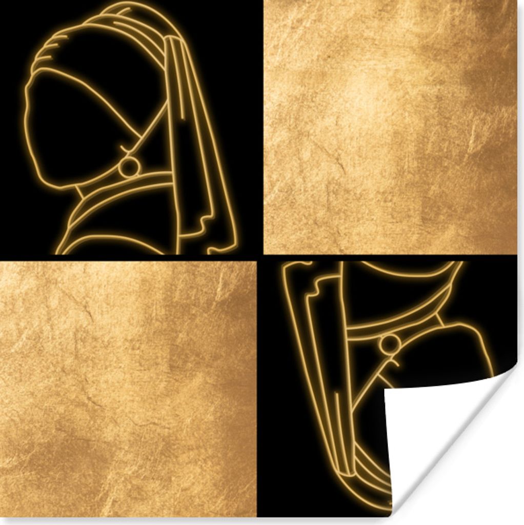 MuchoWow Poster Mädchen mit einem Perlenohrring - Collage - Gold 75x75 cm - Wand Dekoration