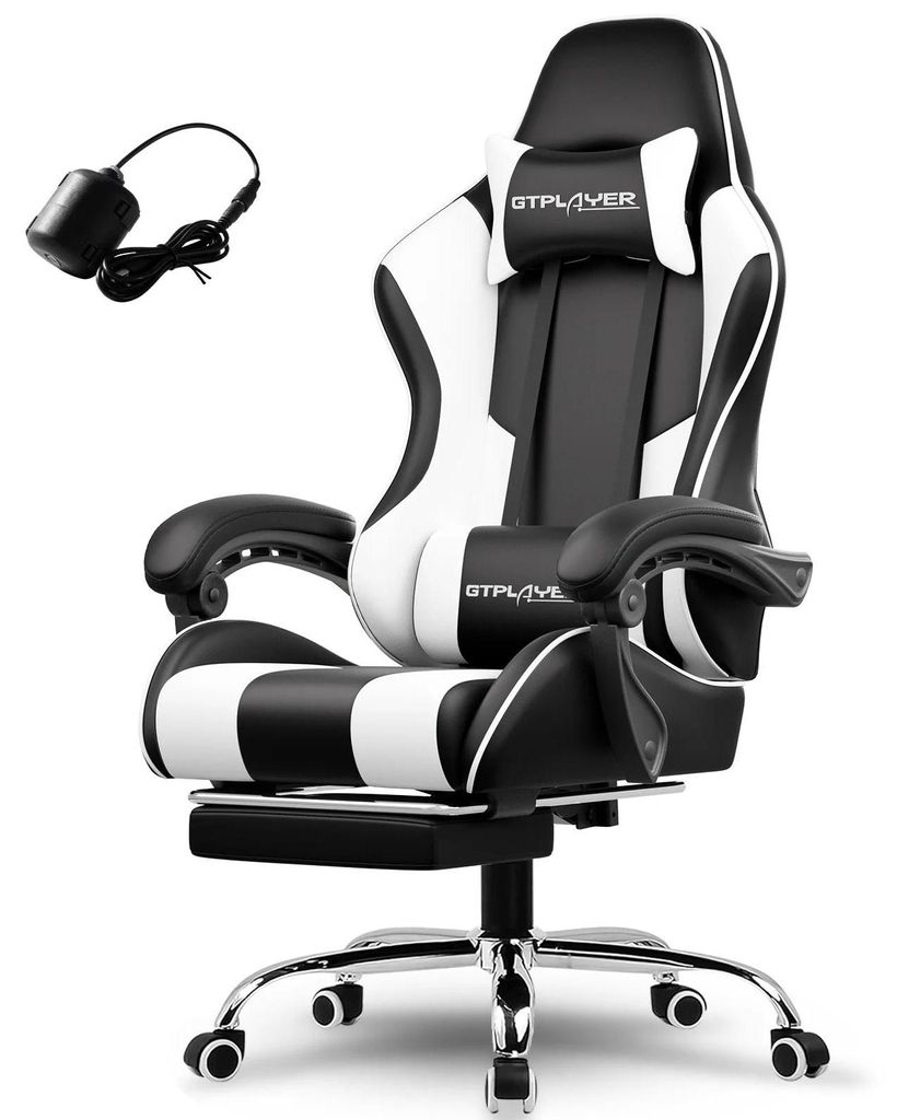 Gaming Stuhl - GT800A - Massage per USB - Ergonomisch mit Lendenkissen - Ausziehbare Fußstütze - 360° drehbar - Weißes Leder