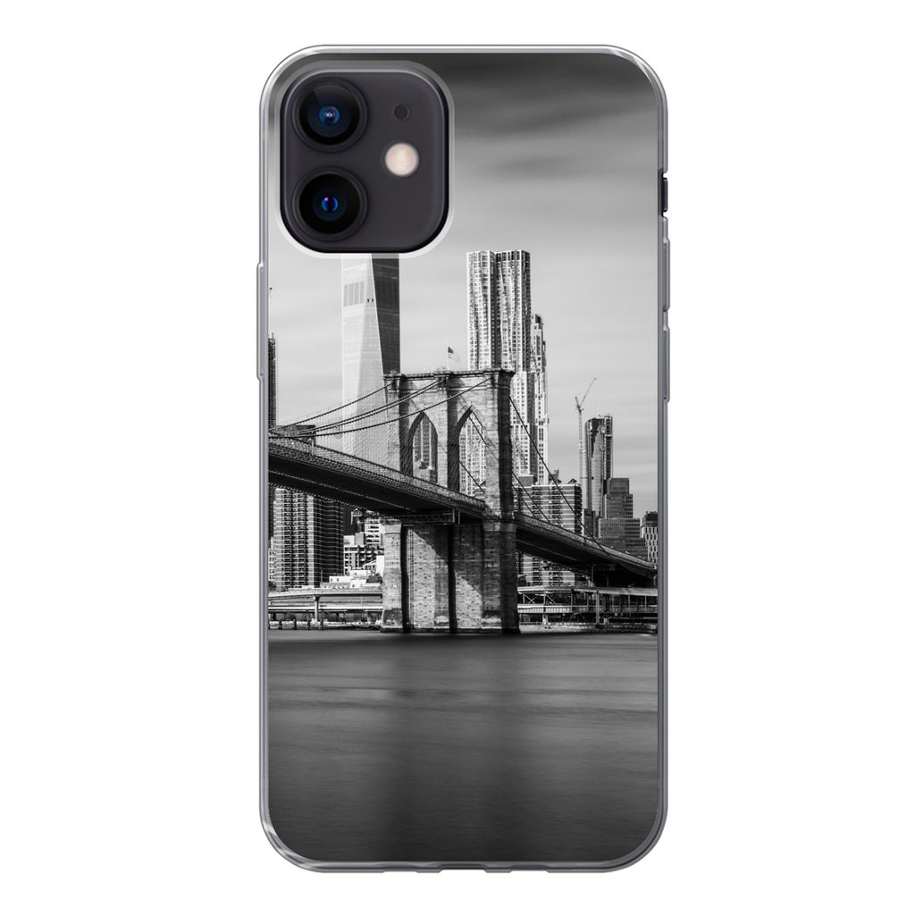 MuchoWow Handyhülle Schutzhülle Hülle für iPhone 12 Architektur - New York - Brooklyn Bridge - Wasser - Schwarz und weiß Silikon Softcase Ha...