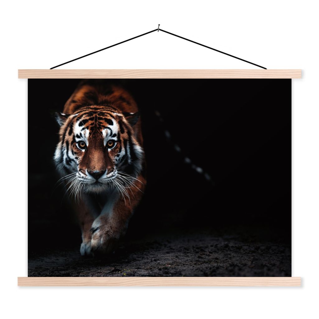 MuchoWow Textilposter Tiere - Tiger - Schwarz - Wild - Porträt 40x30 cm mit holzfarbenen Rahmen - Bilder