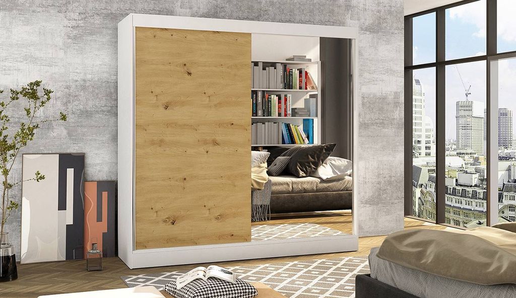 Schwebetürenschrank 2-türig Schrank 200 cm mit Regalen Moderne Kleiderschrank mit Spiegel Garderobe für Kleidung Modell BALI I WEISS /ARTISAN