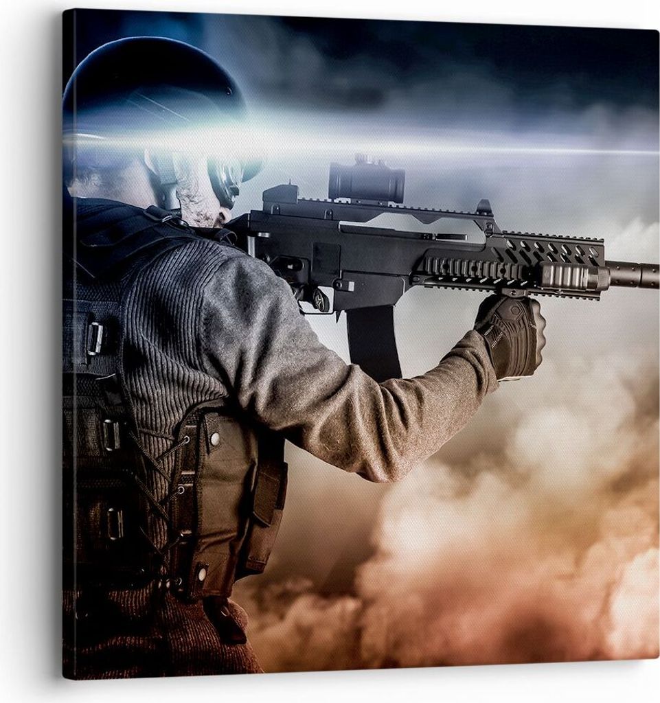 Bild auf Leinwand - Leinwandbild - Armee Soldat Shooter kugelsichere Weste - 30x30cm - Wand Bild - Wanddeko - Leinwanddruck - Bilder - Kunstdruck -...