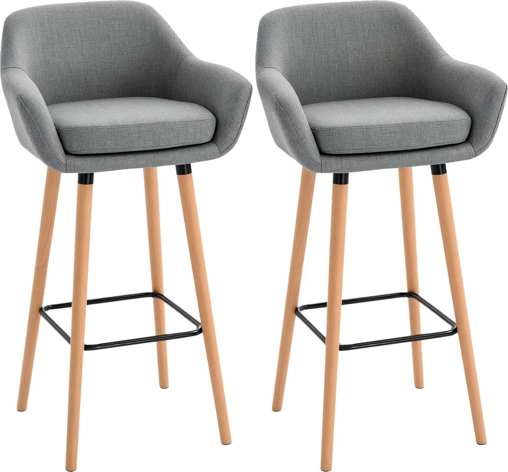 Tabourets de Bar Grand Confort en Lin et Bois Massif - Lot de 2 Gris