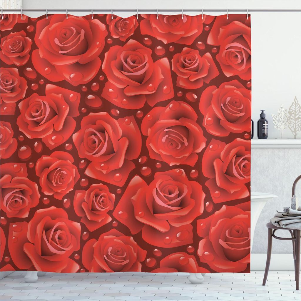 ABAKUHAUS Rose Duschvorhang, Rote Rosenblätter Regen Wasser Wiesen Inspiriertes Romantisches Liebe Muster, 175 x 200 cm, Rubin Vermilion