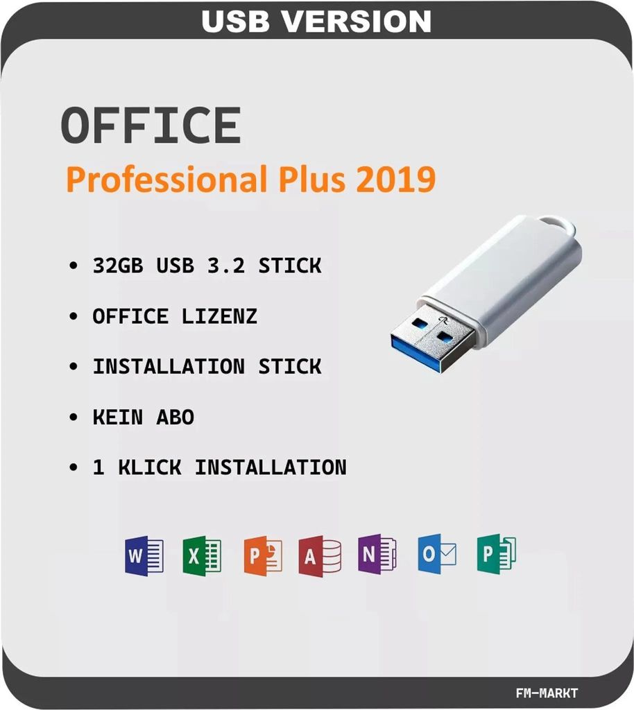 Microsoft Office 2019 Professional Plus Word Excel Outlook USB Installation Stick
