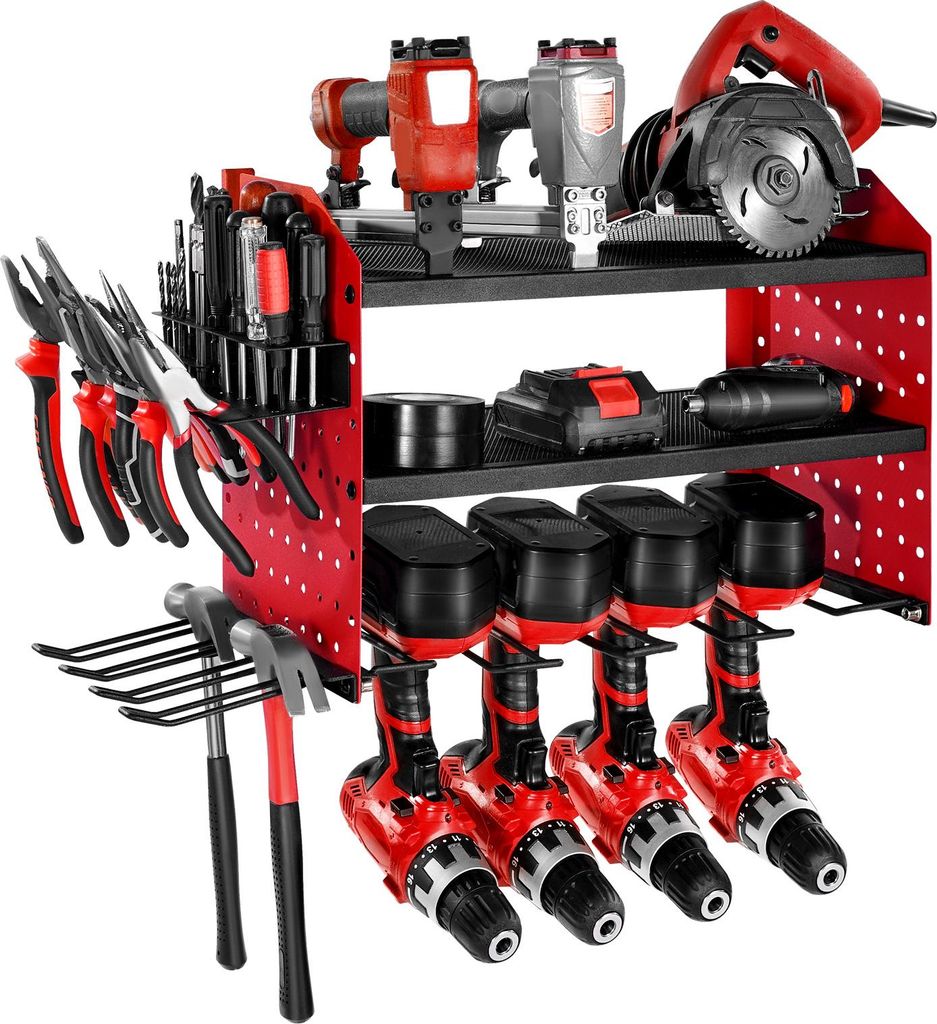 VEVOR Werkzeugspeicher Aufbewahrung Wandhalterung, 3-lagiges Lagerregal mit 4 Bohrerhaltern, Werkzeughalter mit seitlichen Stecktafeln, Garagen-Wer...