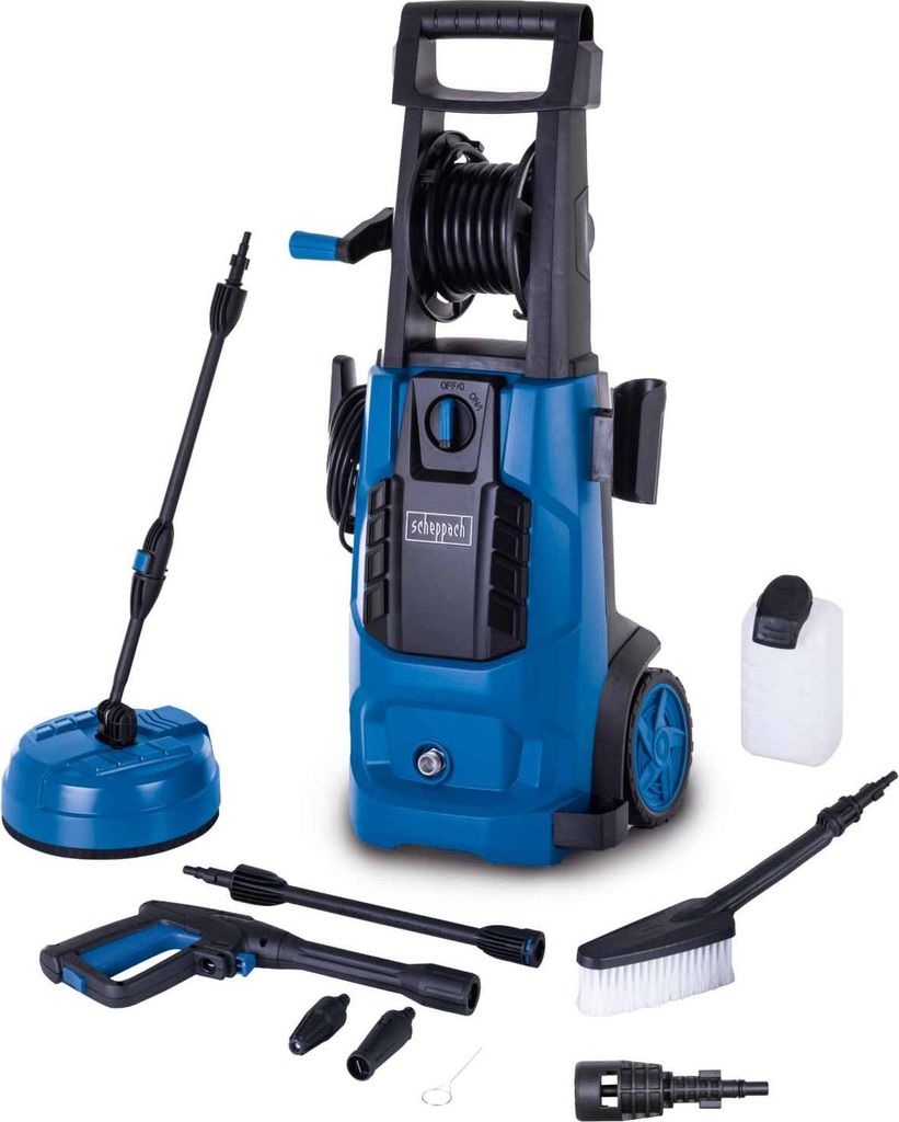 A blue and black pressure washer with various accessories laid out around it on a white background.
