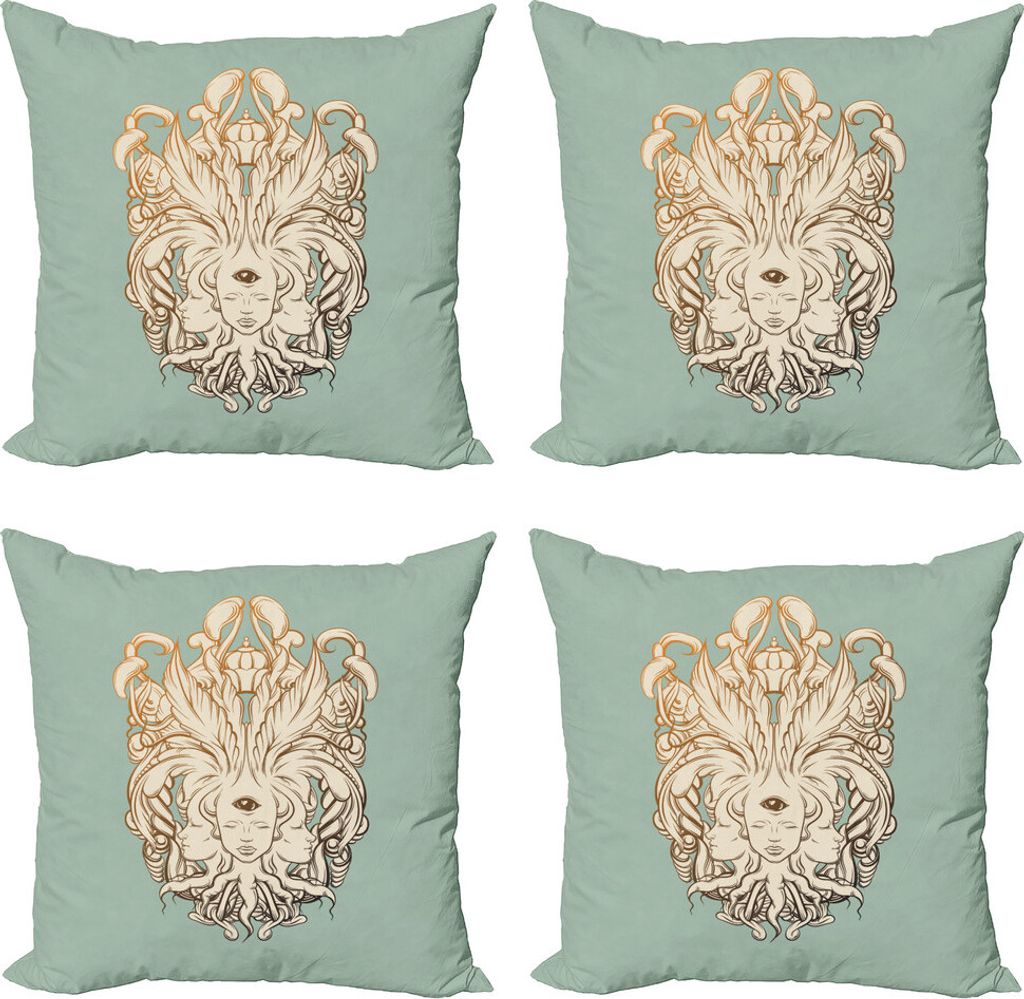ABAKUHAUS Surreal Kissenbezug Set (4 Stück), Fortune Teller Artwork, Moderner Doppelseitiger Digitaldruck, 40 cm x 40 cm, Resedagrün Creme
