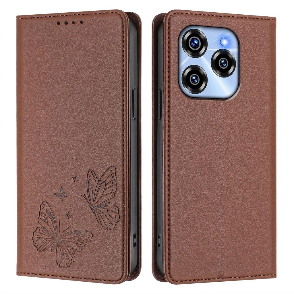 Lederhülle für Oukitel C50, Schmetterling Prägung Leder Brieftasche Schutzhülle mit Ständer Braun