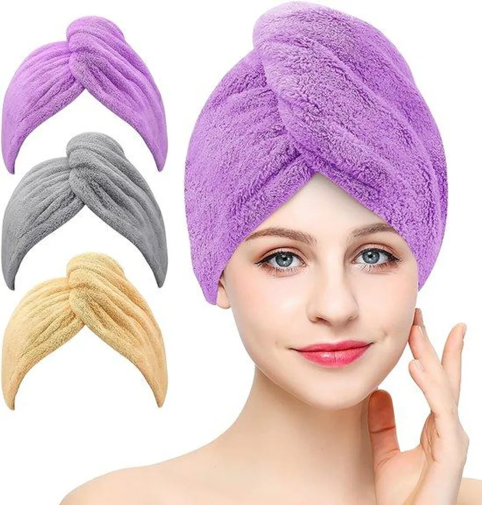 Lot de 3 Serviettes Cheveux en Microfibre Ultra Absorbante Gris Rose Bleu