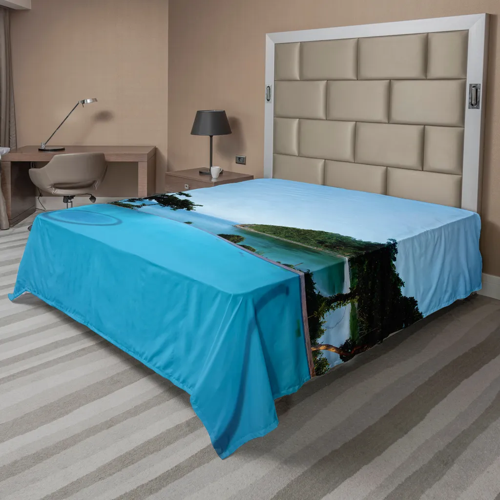 ABAKUHAUS Lenzuolo decorativo, vista sulla piscina al tramonto, spiaggia sull'oceano, colori vivaci, foto, lenzuolo morbido e confortevole per un letto decorativo, 1 pezzo, 266 cm x 260 cm, verde turchese.