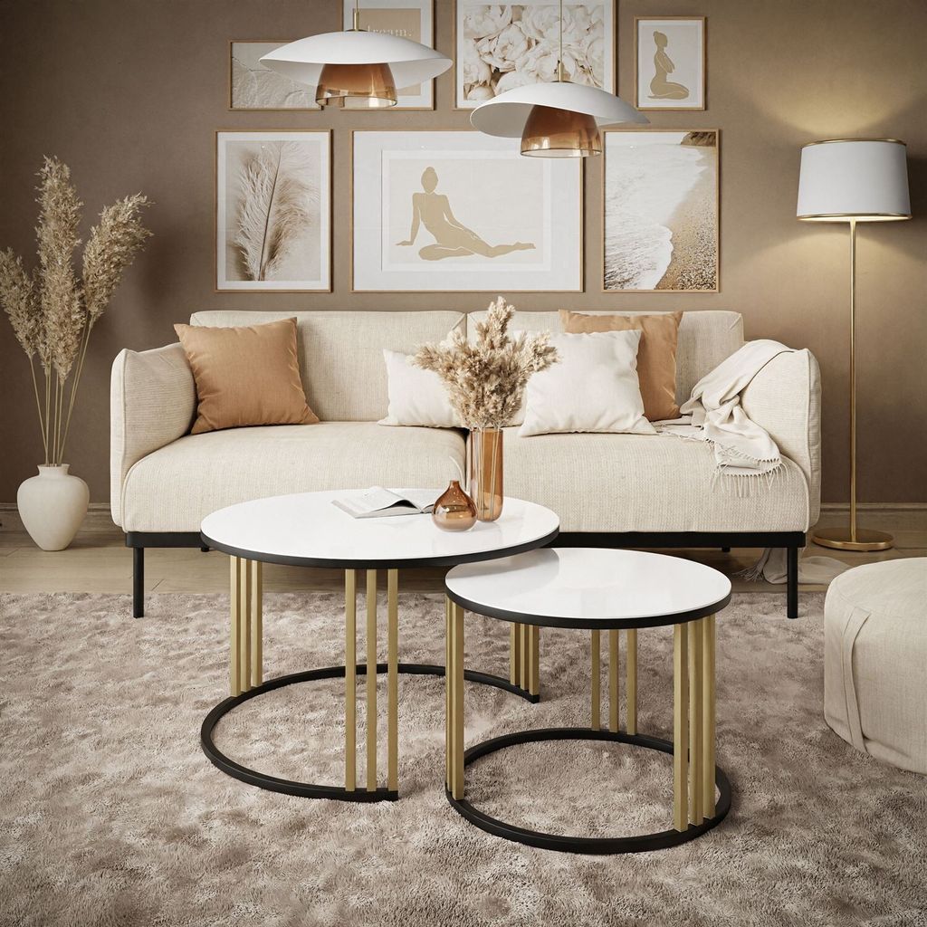 Runder Couchtisch 2in1 LORI MIX GLASS Schwarz + Gold / Weißes Glass